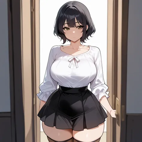 High, quality, 1girl, anime, short black hair, brown eyes, large breasts, white blouse, black skirt, thick thighs, thigh highs, standing