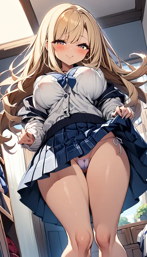  1 girl　 cute girl　 anime style　Anime Face　 anime style　Beauty　Busty　 plump breasts 　 the jacket is a white cardigan　Black color pleated skirt　レース付きで色が濃い桃色赤紫のTback　Very small panties　Very thin panties　Blonde hair　 straight hair　 long hair　 slender 　 big bo...