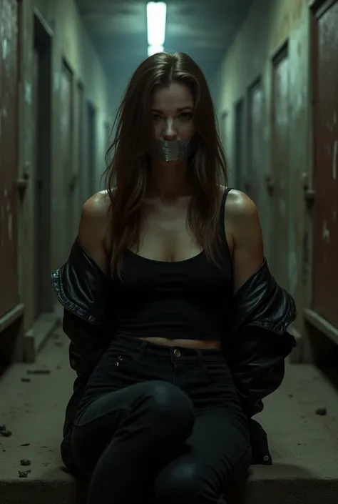 Blake wearing black pants and black tank with black leather jacket in old slaughterhouse sitting on the chair hands hidden in her back mouth taped by silver duct tape long brown hair slim body