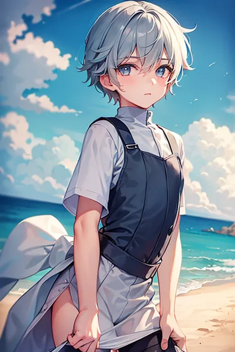 teenage boy wearing plain gray tunic and spats, on the seaside, (beautiful detail eyes), (soft+cute), ((best quality)), ((masterpiece))