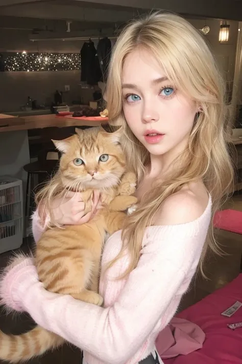  Long hair,  Blue Eyes,  blonde hair , a cat