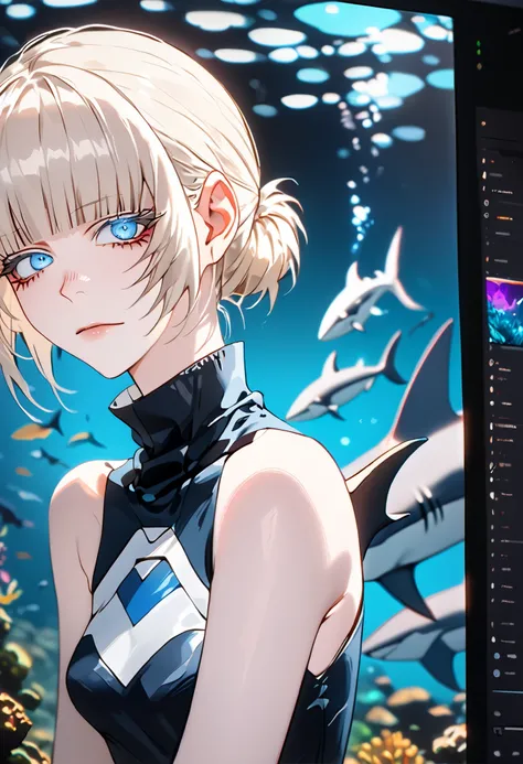 Anime style, 1 girl, 1 sexy girl, white pale skinned girl, porcelain skin, blue eyes, (HAIR: light blonde straight cut, long length, full bangs covering eyebrows, side framing fringe ) (BODY: half shark girl, neck gills, arm fins, dorsal shark fin )(best q...