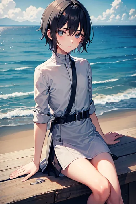 teenage boy wearing plain gray tunic and spats, on the seaside, (beautiful detail eyes), (soft+cute), ((best quality)), ((masterpiece))