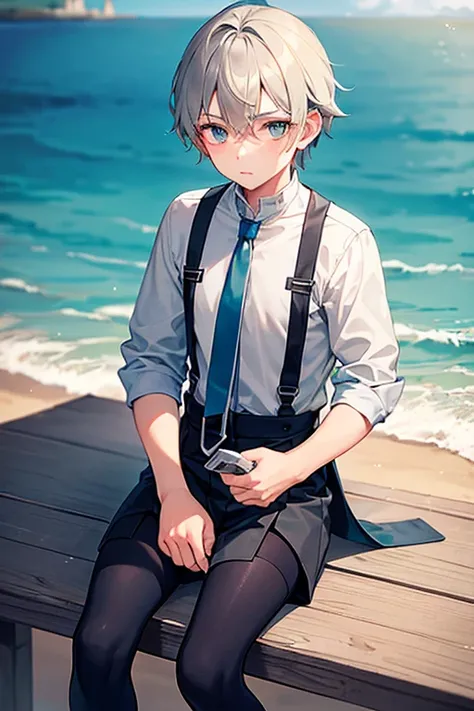 teenage boy wearing plain gray tunic and spats, on the seaside, (beautiful detail eyes), (soft+cute), ((best quality)), ((masterpiece))