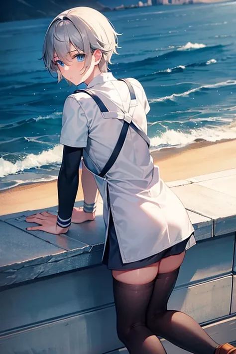 teenage boy wearing plain gray tunic and spats, on the seaside, (beautiful detail eyes), (soft+cute), ((best quality)), ((masterpiece))