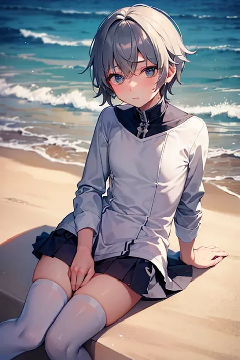 teenage boy wearing plain gray tunic and spats, on the seaside, (beautiful detail eyes), (soft+cute), ((best quality)), ((masterpiece))