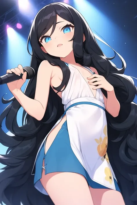 (( top quality)), ((  Masterpiece )), (  Details)
Little 1Girl
(((BLACK long hair BLUE inner hair)))
blue eyes
Highlight off eyes
(((flat chest)))
Front cover
club with live music
IDOL
SkyBLUE front slit Micro mini skirt 
NSFW
White shirt
slender
((low  an...