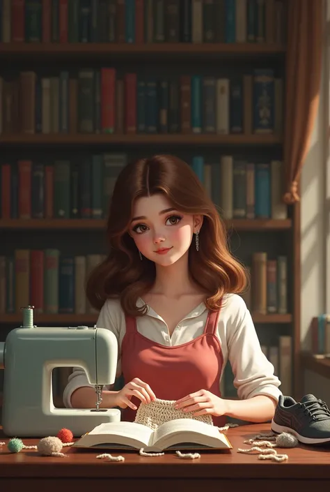  Create an image of a white woman with brown hair in a library, crocheting, On the one hand she has a sewing machine ,  some running shoes and an open book .