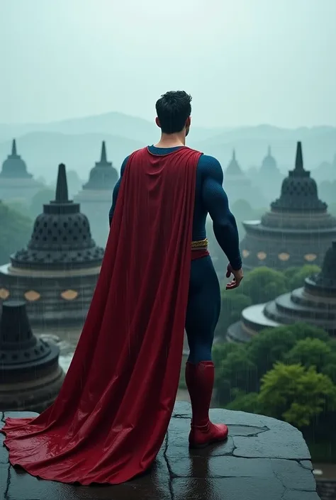 Superman legacy stands on top of the very beautiful and magnificent Borobudur temple, rainy atmosphere 