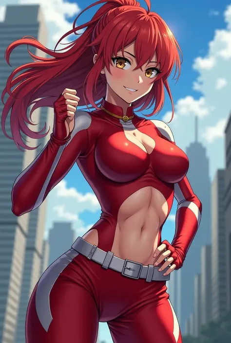  My Hero Academia Style ,   anime girl , woman, young woman ,  full body shot ,( Fighting Stance :1.3),Long Hair, Red Hair,   Brown Eyes , hero suit, Full Body Suit,  red suit with white details, perfect anatomy,  enhanced abs , super detailed,(building:1....