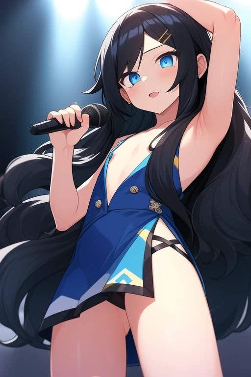 (( top quality)), ((  Masterpiece )), (  Details)
Little 1Girl
(((BLACK long hair BLUE inner hair)))
blue eyes
Highlight off eyes
(((flat chest)))
Front cover
club with live music
IDOL
SkyBLUE front slit Micro mini skirt 
NSFW
White shirt
slender
((low  an...