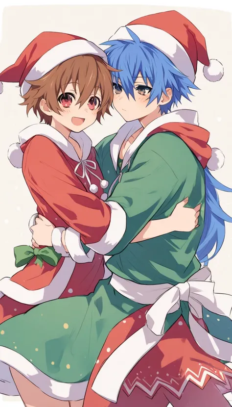 Shido , yoshino, date a live, Hug, Christmas Eve,  Christmas costumes . Blushes. 