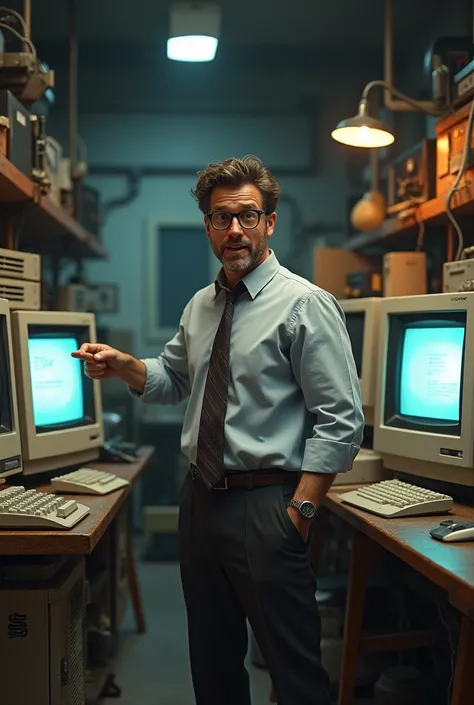 photo realistic,vintage computers,80s and 90s period,some nerdy guy with glasses is pointing at them,he looks quite pleased