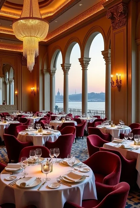 "A luxurious restaurant in Istanbul, exuding opulence and blending modern elegance with traditional Turkish charm. The interior features soaring ceilings adorned with intricately designed chandeliers inspired by Ottoman motifs, casting a warm, golden glow ...