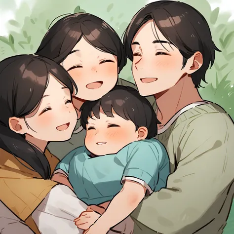 Family of 3, Mother and her boy son and daughter cuddling, happy