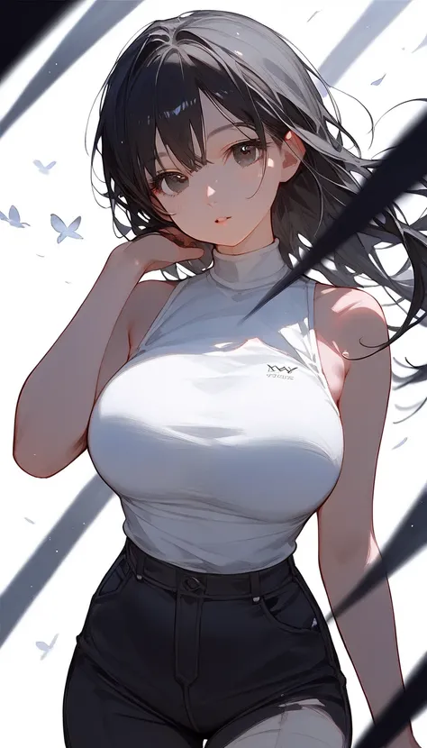 Score_9,Score_8_up,Score_7_up, perfect face, score_6_up, score_5_up, score_4_up, beautiful face, cool woman, (((anime))), (((source_anime))), cool woman, 30 years old, (((sleeveless shirt))), black business pants, top quality eyes, detailed texture, black ...