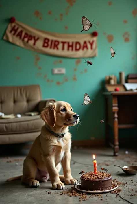 "A sorrowful Olde English Retriever puppy sits on a broken chair in a dilapidated room with aqua-green walls cracked to reveal the bare concrete beneath. In front of the puppy, a birthday cake swarming with ants and cockroaches sits next to an overturned b...