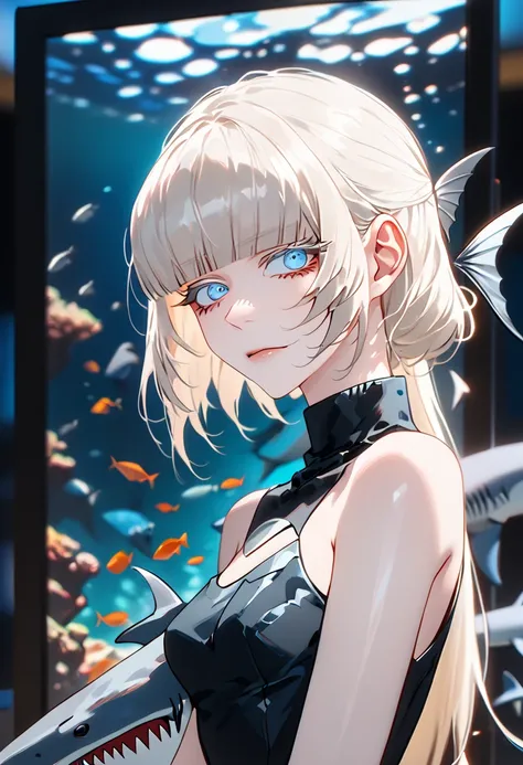 Anime style, 1 girl, 1 sexy girl, white pale skinned girl, porcelain skin, blue eyes, (HAIR: light blonde straight cut, long length, full bangs covering eyebrows, side framing fringe, extra long hair ) (BODY: half shark girl, neck gills, arm fins, dorsal s...