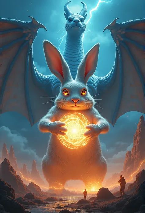 contemporary illustration, contemporary surrealism . (a big rabbit , in his hands manipulates a mystical power of plasma to cast on a dragon );  Hyperrealistic scene ;  Impressive for its 4k and cinematic details .  lightning and lightning effects Payments...