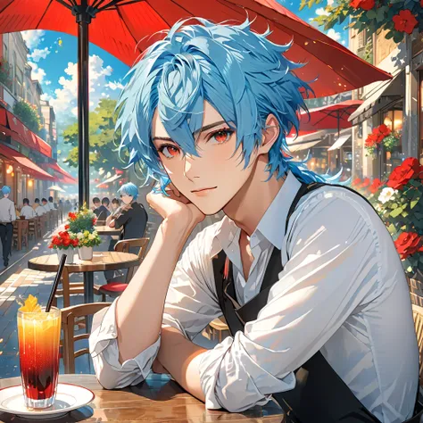 morning Cafe is background, alone, high definition ,  best quality,  textured skin, hair that flutters like, Blue Hair/Light blue hair, Red eyes,  eyes sparkle, youth, handsome,ショートカット, もみあげ, 