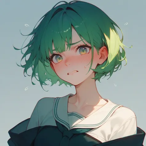 Green-haired female high school student short bob with an embarrassed expression