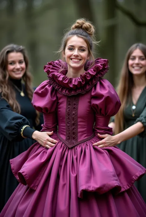 (realistic photograph close up sideways), (no zipper), (a pleased beautiful European lady with (messy hair bun), she is wearing (an elaborate big shiny fuchsia silk gown with (long gigantic poufy sleeves), (and with a closed ultra high narrow collar up to ...