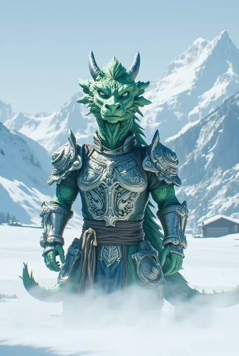 ((masterpiece)) ((photography)) ((Highest quality)) A photo of  a green huge dragon wearing warrior armor. in a snowy field 