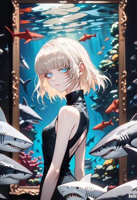 Anime style, 1 girl, 1 sexy girl, white pale skinned girl, porcelain skin, blue eyes, (HAIR: light blonde straight cut, long length, full bangs covering eyebrows, side framing fringe, extra long hair ) (BODY: half shark girl, neck gills, arm fins, dorsal s...