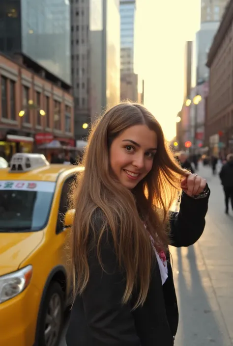 


A hiper- realistic professional-style photograph of a young woman walking down a lively urban street, captured mid-step as she glances back over her shoulder with a warm and natural smile. The setting is a vibrant cityscape at golden hour, with the soft...