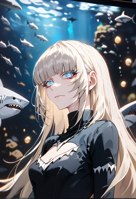 Anime style, 1 girl, 1 sexy girl, white pale skinned girl, porcelain skin, blue eyes, (HAIR: light blonde straight cut, long length, full bangs covering eyebrows, side framing fringe, extra long hair ) (BODY: half shark girl, neck gills, arm fins, dorsal s...