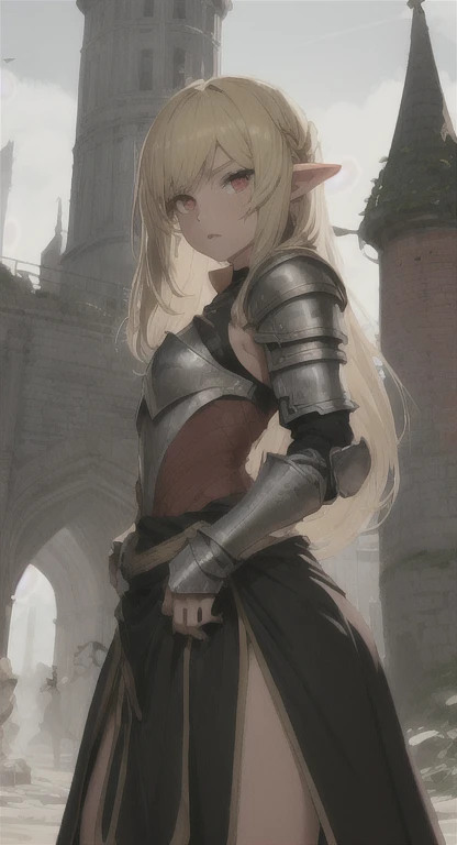 Ancient Hylia, Hylia, blonde, red eyes, looking at viewer, stern, long messy hair, tower, ancient armor, threatening pose,