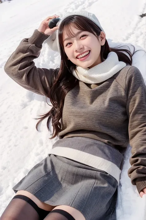 (masterpiece, best quality, perfect anatomy, highres, 8k, realistic, photorealistic, natural skin texture, no makeup:1.2), 1girl, solo, Japanese, female university student, age20, very cute, winter, (very cold day),
 (There is snow on the ground, she is ly...