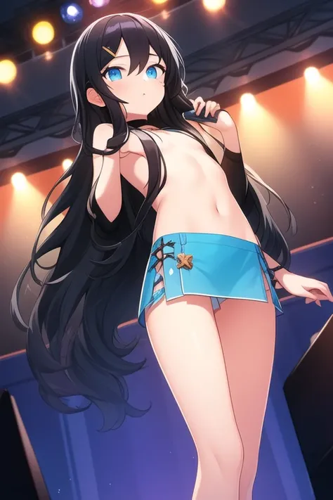 (( top quality)), ((  Masterpiece )), (  Details)
Little 1Girl
(((BLACK long hair BLUE inner hair)))
blue eyes
Highlight off eyes
(((flat chest)))
Front cover
club with live music
IDOL
SkyBLUE front slit Micro mini skirt 
NSFW
White shirt
slender
((low  an...