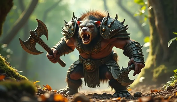 A cinematic realistic image of an angry anthropomorphic Patilla in battle wearing armor and holding two axes, in a fantasy style.  The background shows the forest floor, UHD, 4K.