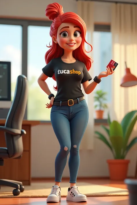  A female 3D cartoon character in a modern home office environment, with long hair, red-haired,  and tied to a bun .  She is wearing a black t-shirt with the TucaShop logo  (The word shop is orange),  jeans,  and a smart watch on her wrist .  A character i...