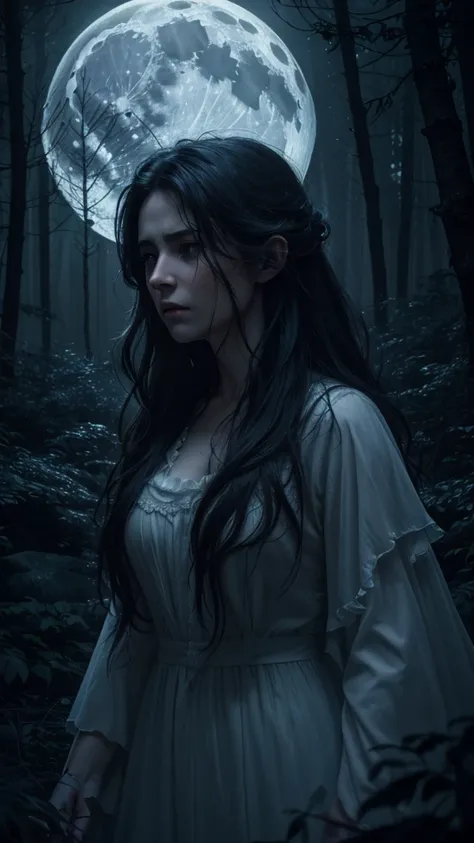 (best quality,4k,8k,highres,masterpiece:1.2),ultra-detailed,(realistic,photorealistic,photo-realistic:1.37),dark forest,full moon,ghostly,shrouded in dense fog,wailing banshee,tangled hair,layered hair