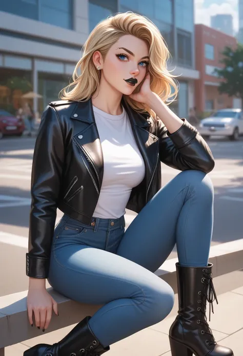 Make a young woman just .  Chanel-style hair short , black,  with blue lines in the front between the division of hair ,  Blue Eyes, Black Lipstick, eyebrow piercing, and in the mouth. clothes:  white shirt and short leather jacket and jeans and black boot...