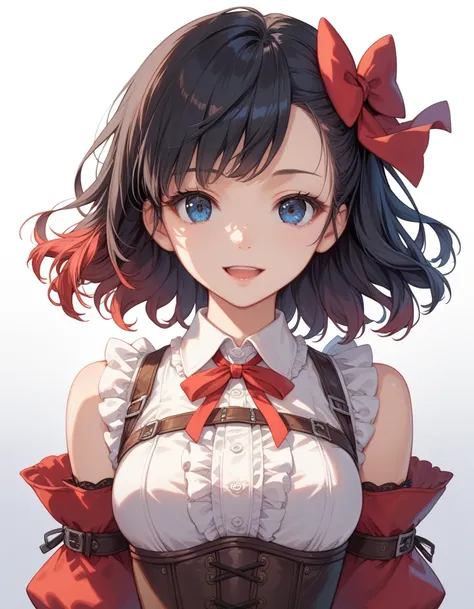 score_9, score_8_up, score_7_up, source_anime, BREAK
1girl, solo, looking at viewer, gradient background, light smile, upper body, open mouth, front view,
tino shade, medium hair, black hair, red hair bow, dark blue eyes,
theif outfit, white collared shirt...