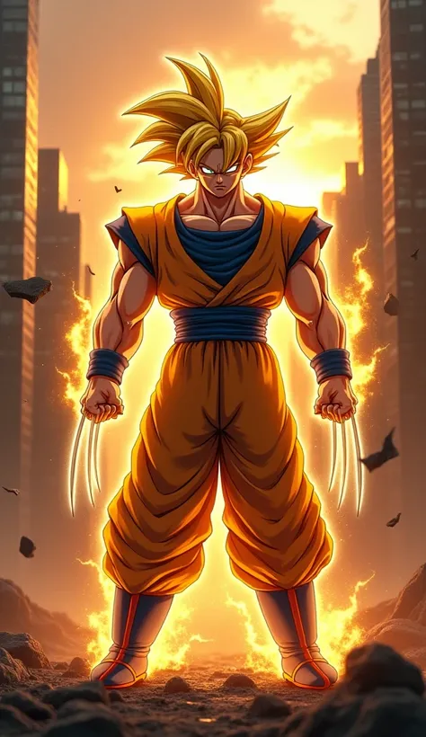 Prompt:
An ultra-realistic 4K depiction of a fusion between Goku and Wolverine, combining their iconic features into a single powerful character. The figure stands tall in the middle of New York City, radiating a glowing golden aura with spiked Super Saiya...