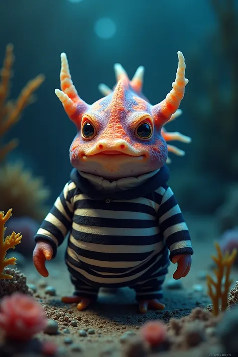 Nudibranch mollusk dressed as a thief with a striped shirt