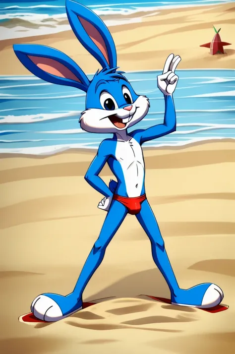 Cartoon rabbit guy blue hair full length slim skinny in red speedo on the beach with a happy face