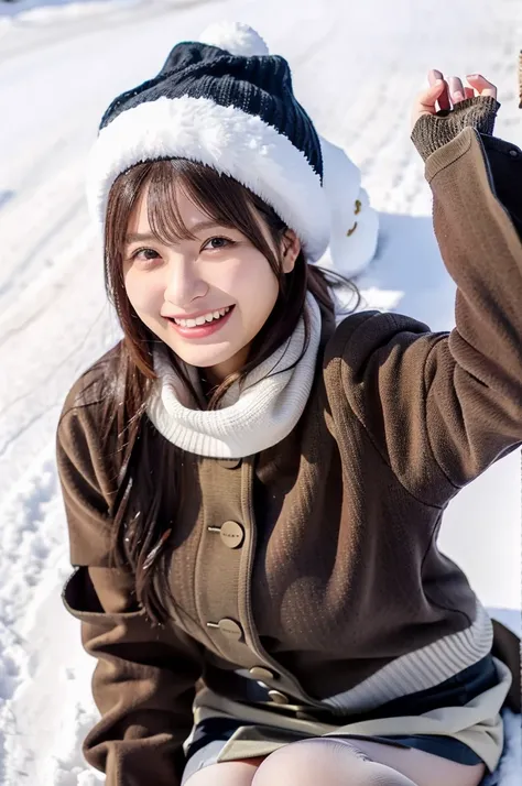 (masterpiece, best quality, perfect anatomy, highres, 8k, realistic, photorealistic, natural skin texture, no makeup:1.2), 1girl, solo, Japanese, female university student, age20, very cute, winter, (very cold day),
 (There is snow on the ground, she is ly...