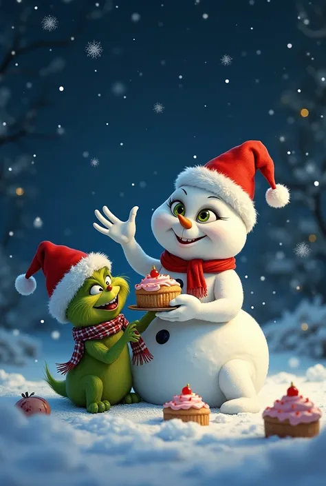 A cute and very funny snowman with real big eyes and arms made of snow and a carrot nose laughing next to the baby Grinch who has a scarf and a Christmas hat in a dark starry sky and falling snowflakes they eat Christmas cakes 