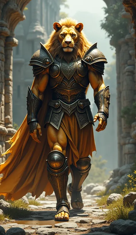 An imposing warrior with a muscular body and golden skin, sporting a lions head and dressed in medieval armor, wielding a sword, walks through a ruined castle.