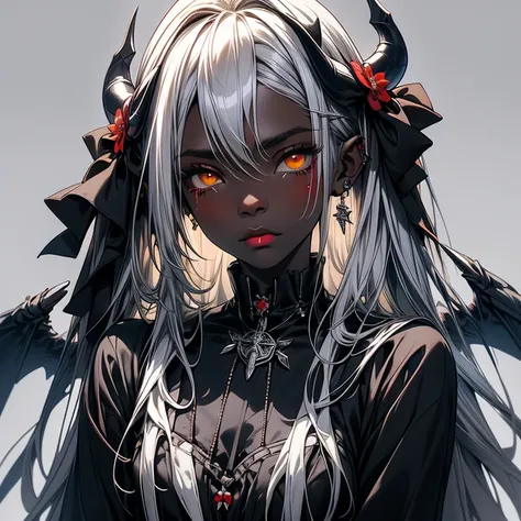 Extremely Dark Skin Teenage Girl , Long Hair Sharp and Pointed Like a Needle , Silver Hair, Black, Red, and White tricolor gothic dress,Golden Eyes, Traces of Blood and Tears , Black Cows Horn , skeletonized Wings , Flower Field of Yellow Marigolds ,Dark B...