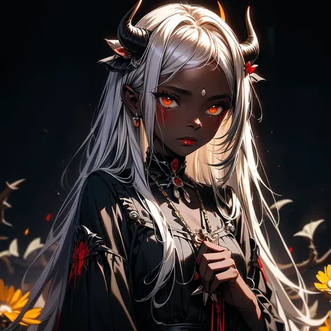 Extremely Dark Skin Teenage Girl , Long Hair Sharp and Pointed Like a Needle , Silver Hair, Black, Red, and White tricolor gothic dress,Golden Eyes, Traces of Blood and Tears , Black Cows Horn , skeletonized Wings , Flower Field of Yellow Marigolds ,Dark B...