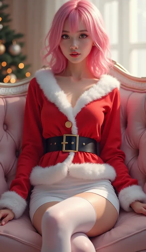 Close up of a woman in a Santa costume sitting on a sofa,  pastel painting by Yang J , Tumbler,  Rococo,   cosplay,  v as an elf in Devil May Cry,  cosplay,  cosplay,  trending at cgstation ,  trending at cgstation 入り, 8k  art gel  bokeh, 8k)), ig model | ...