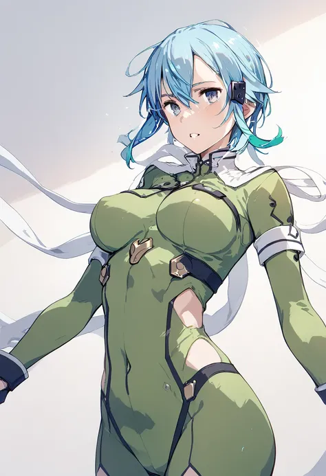 pt，1Girl，sinon， shiny bodysuit，GGO style， anime style， light blue hair