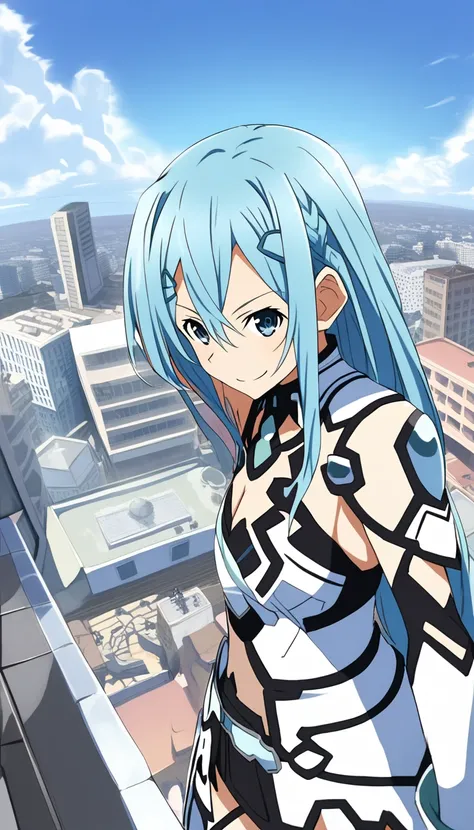 Asuna Sword Art Online, traje AST, date a live, top of building,  Heroic pose , proud smile. 