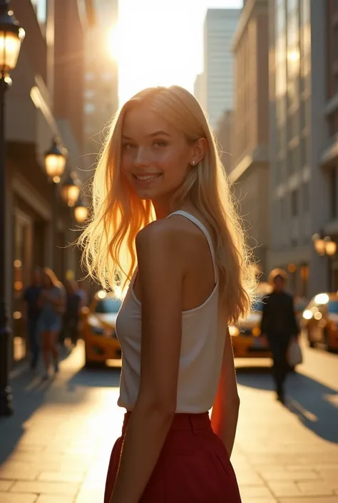 A professional-style photograph of a young woman walking down a lively urban street, captured mid-step as she glances back over her shoulder with a warm, natural smile. The setting is a vibrant cityscape at golden hour, with the soft, golden glow of the se...